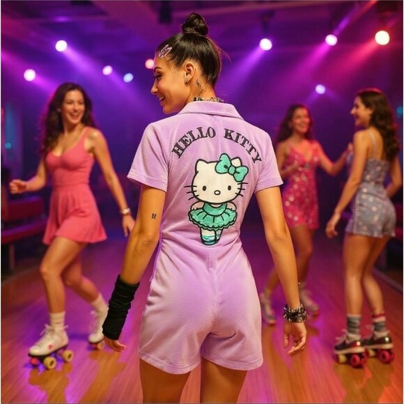 Sanrio ✦ Hello Kitty Lavender Romper ✦ Button-Up Cotton Softcore Alt-Glam NWOT S - Picture 1 of 7